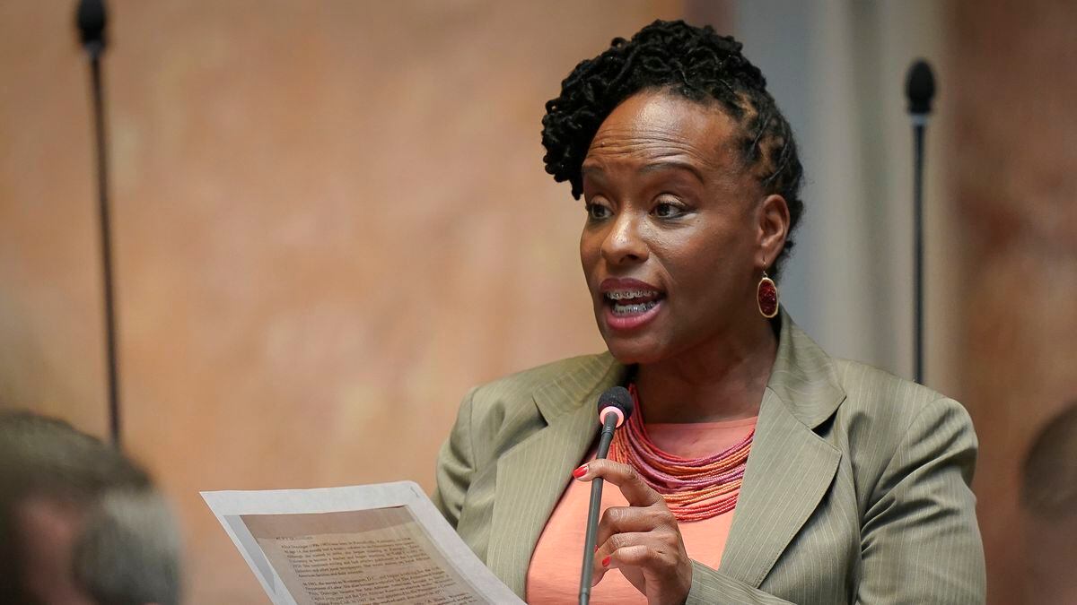FILE - In this March 2, 2020, file photo, state Rep. Attica Scott, D-Louisville, speaks on the...