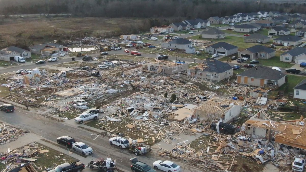 An aerial view of the widespread damage in Bowling Green, Kentucky from the deadly EF-3 tornado...