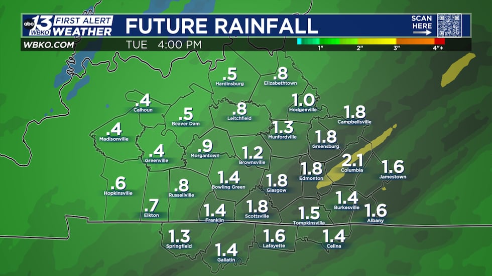 Rainfall amounts by 4 p.m. Tuesday. Areas east of I-65 will see 1"-2" of rain. Areas west of...