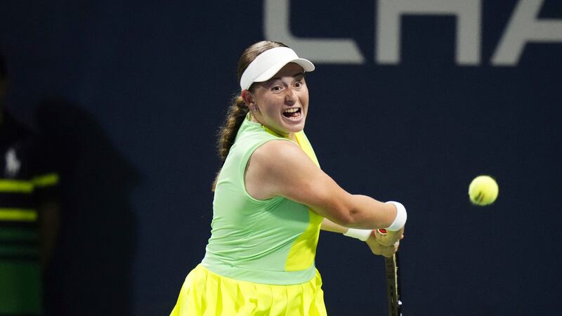 Jelena Ostapenko, of Latvia, during the first round of the U.S. Open tennis championships,...