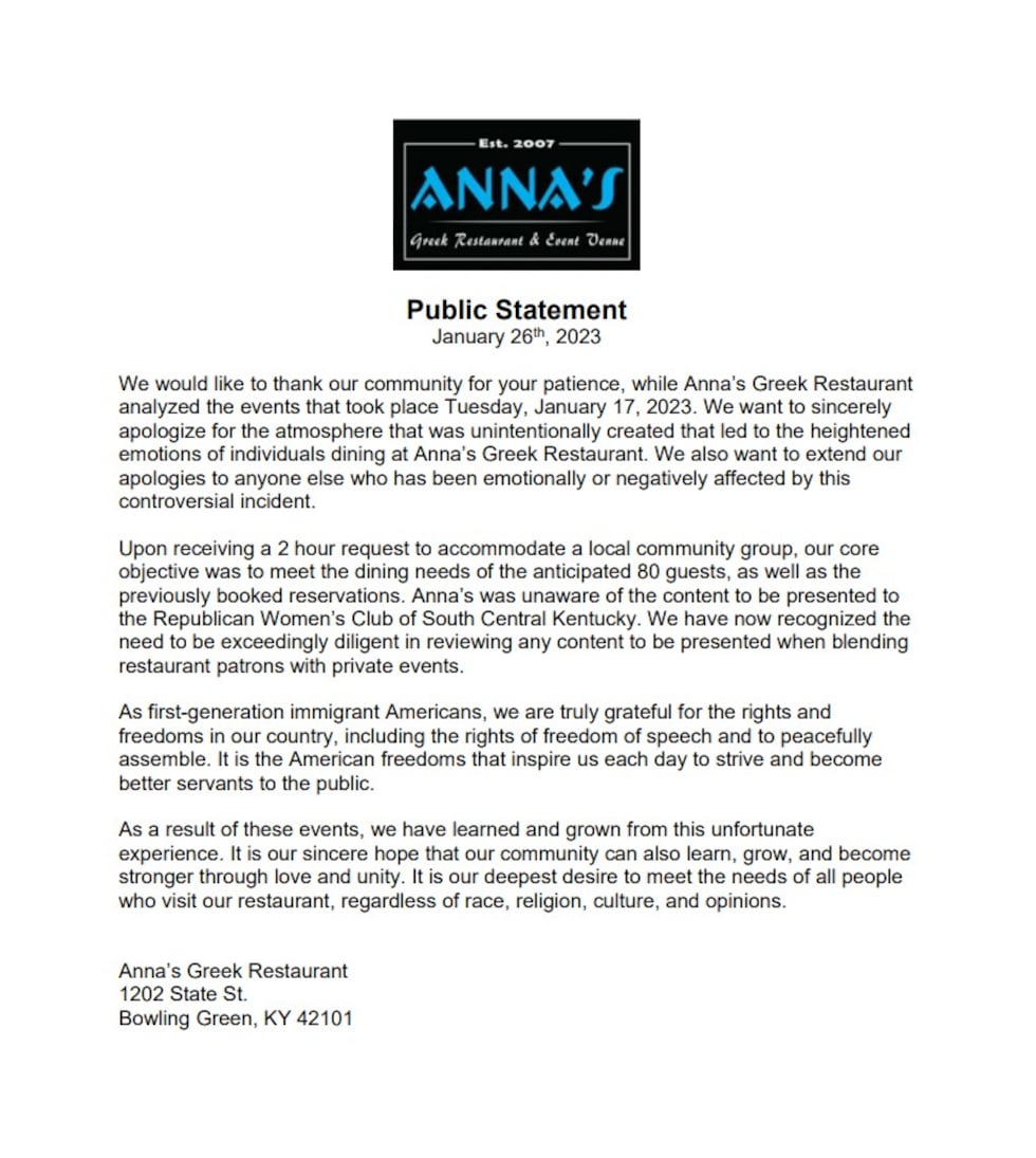 Anna's Greek Restaurant Statement