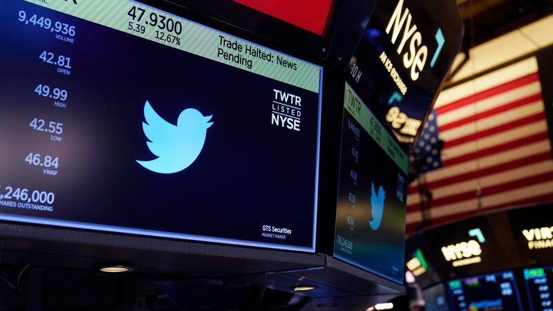 The symbol for Twitter appears above a trading post on the floor of the New York Stock...